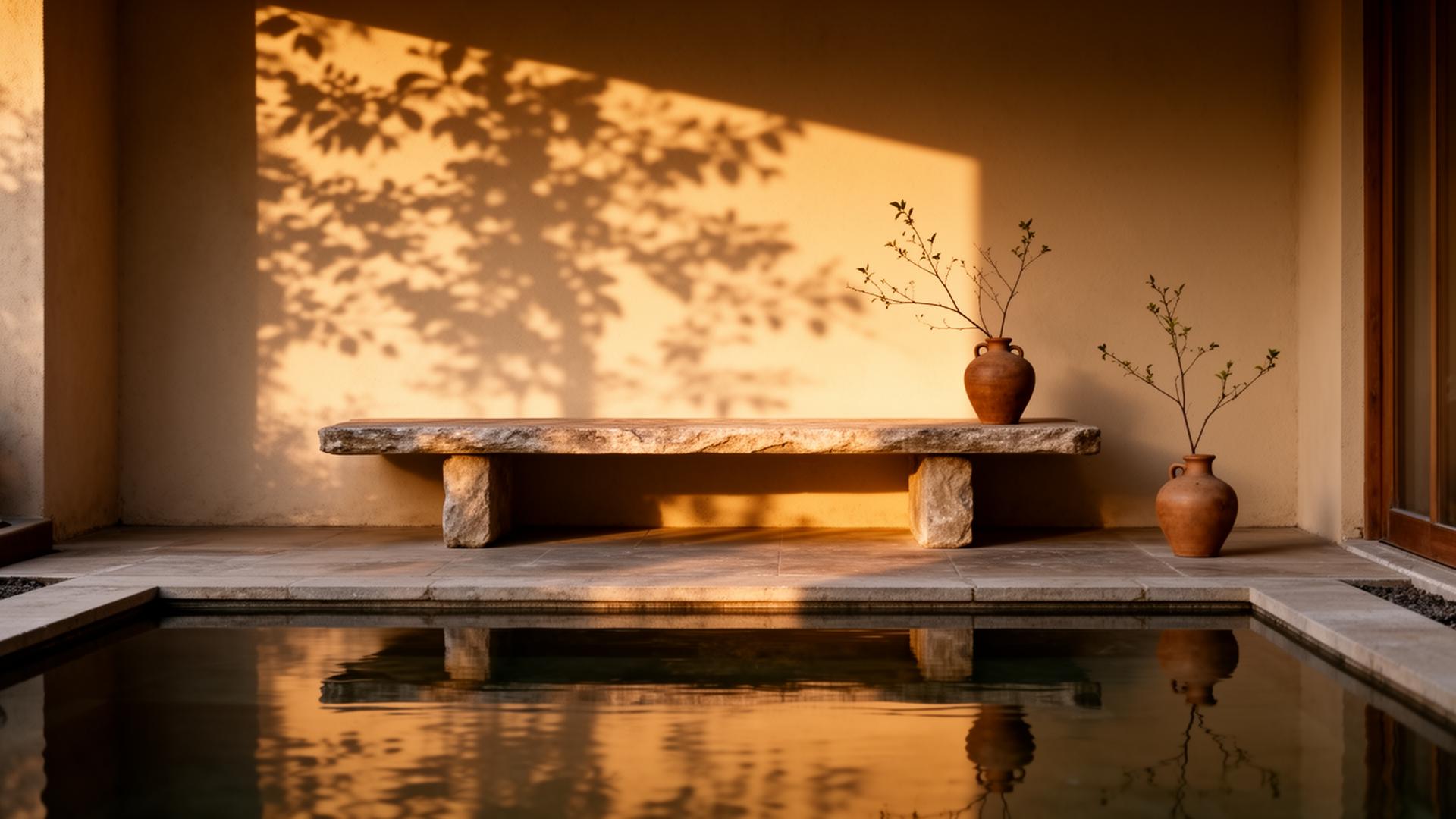 Stone bench beside a still reflecting pool