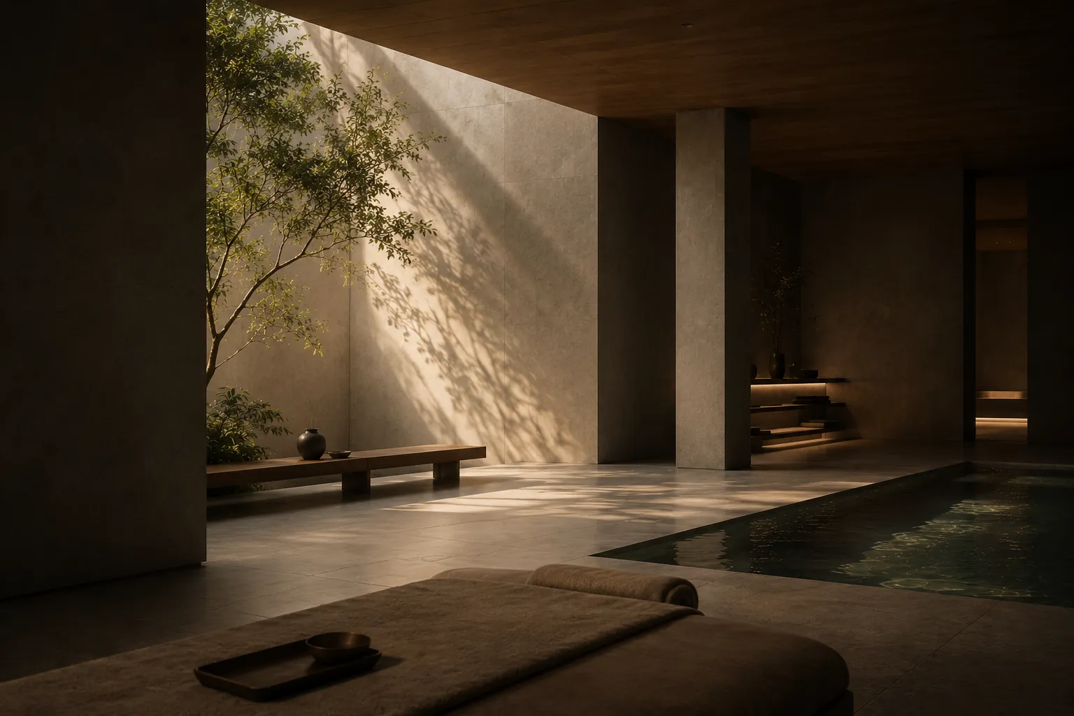Inner courtyard with single tree and stone